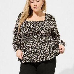 Torrid Deep Black Ava Ditsy Floral Rayon Slub Waist Detail Blouson Sleeve Top
